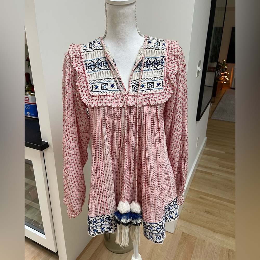HEMANT & NANDITA Pink and Navy Embroidered Peasant Blouse